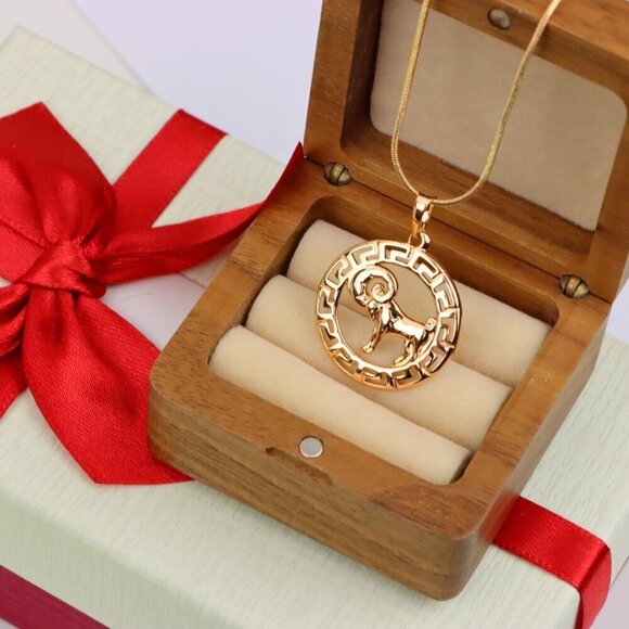 "Zodiac Ram Rose Gold Round Pendant in Geometric Border Design, XPPT1328 - Picture 3 of 13